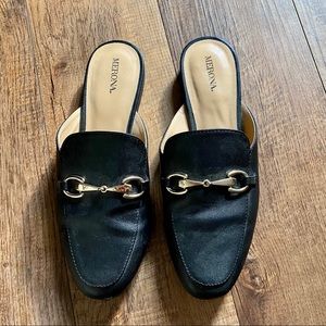 Black faux leather loafers